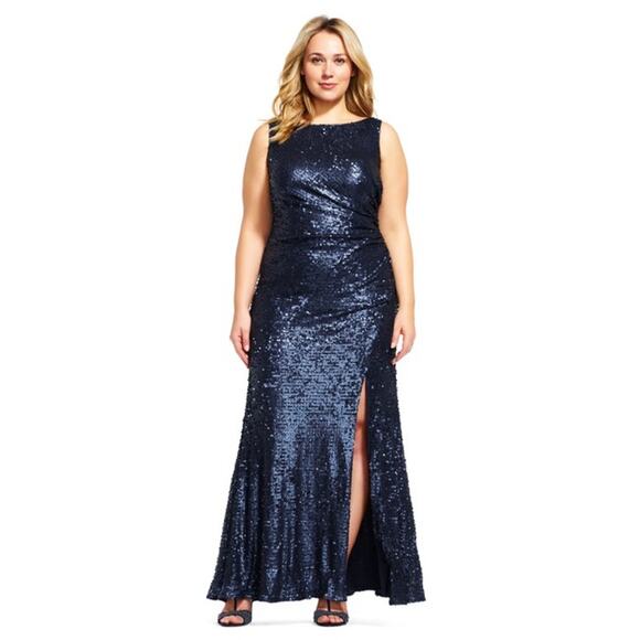 Adrianna Papell Sequin Sleeveless Scoop Back Gown Sparkle Maxi Dress Navy Blue - Picture 5 of 15